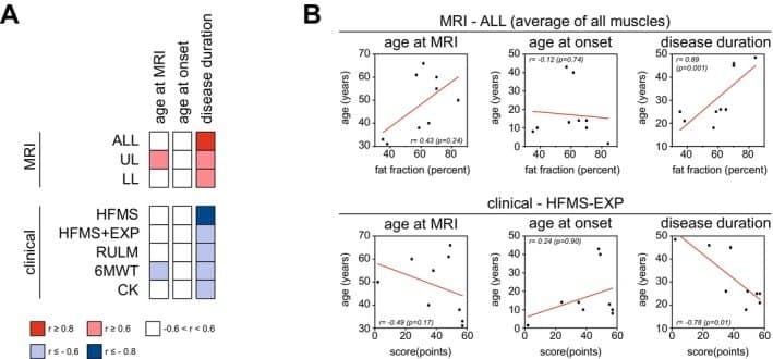 Gráficos de correlação entre fração de gordura muscular e medidas clínicas de gravidade.
