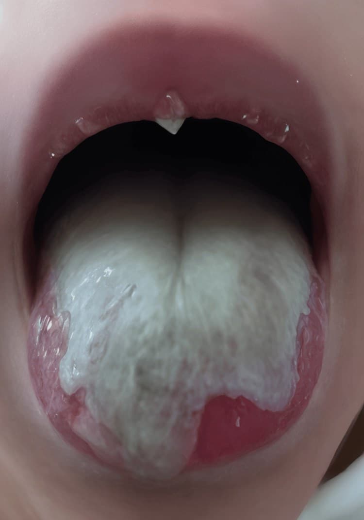 Cavidade oral com placas esbranquiçadas sobre a língua e a mucosa da bochecha.